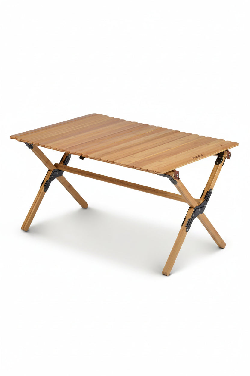 Wooden folding table on a beige background